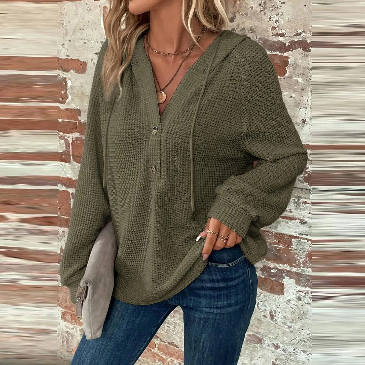 Long Sleeve Shirts for Women Waffle Knit Tunic Sweater Tops Casual Button Down Blouses Top Soft Hooded Sweatshirts