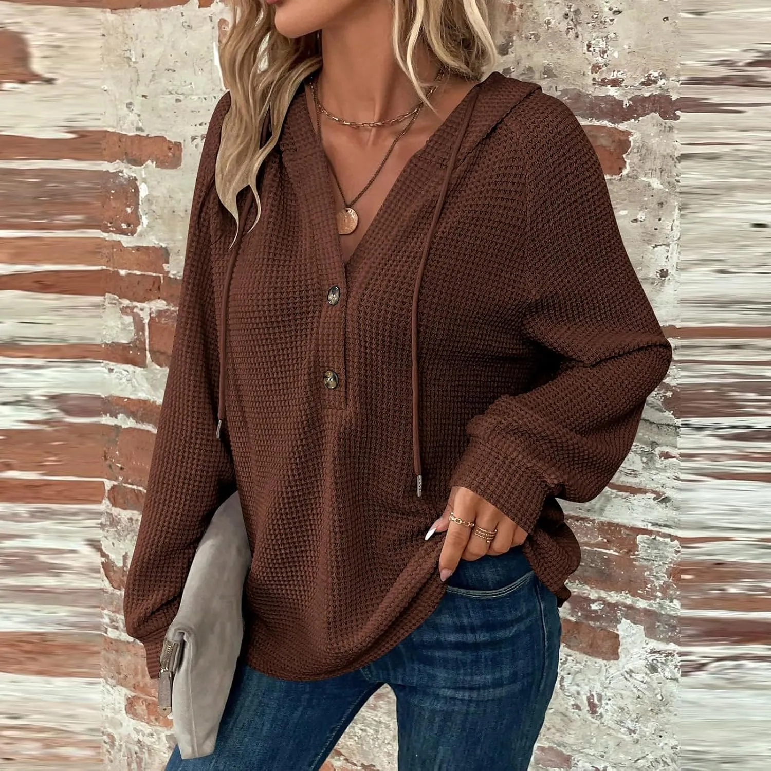 Long Sleeve Shirts for Women Waffle Knit Tunic Sweater Tops Casual Button Down Blouses Top Soft Hooded Sweatshirts