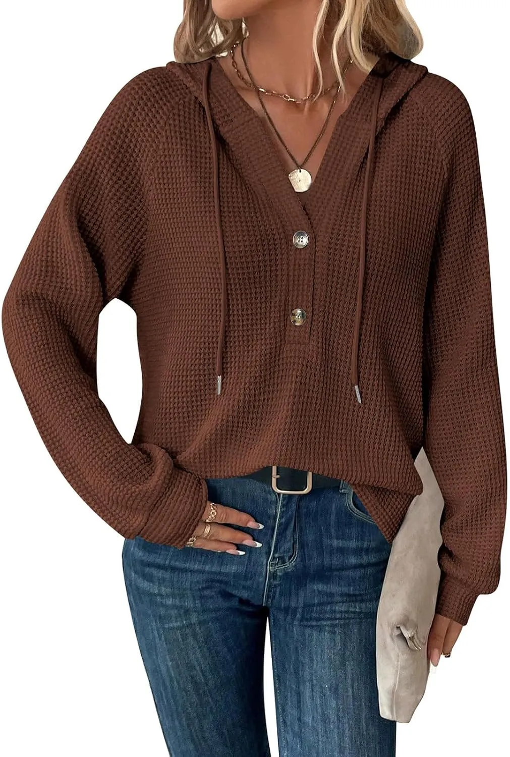 Long Sleeve Shirts for Women Waffle Knit Tunic Sweater Tops Casual Button Down Blouses Top Soft Hooded Sweatshirts