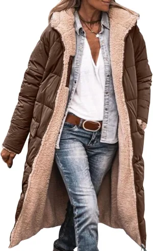 Long Winter Coats for Women Fleece Reversible Puffer Jackets Sherpa Padded Down Coat Oversized Long Sleeve Hooded