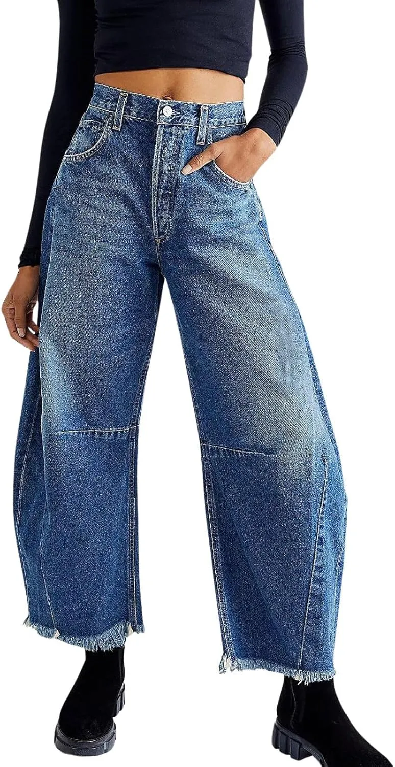 loveimgs Women Loose Distressed Baggy Barrel Jeans High Rise Denim Pants Y2k Frayed Boyfriend Wide Leg Jeans Pocket