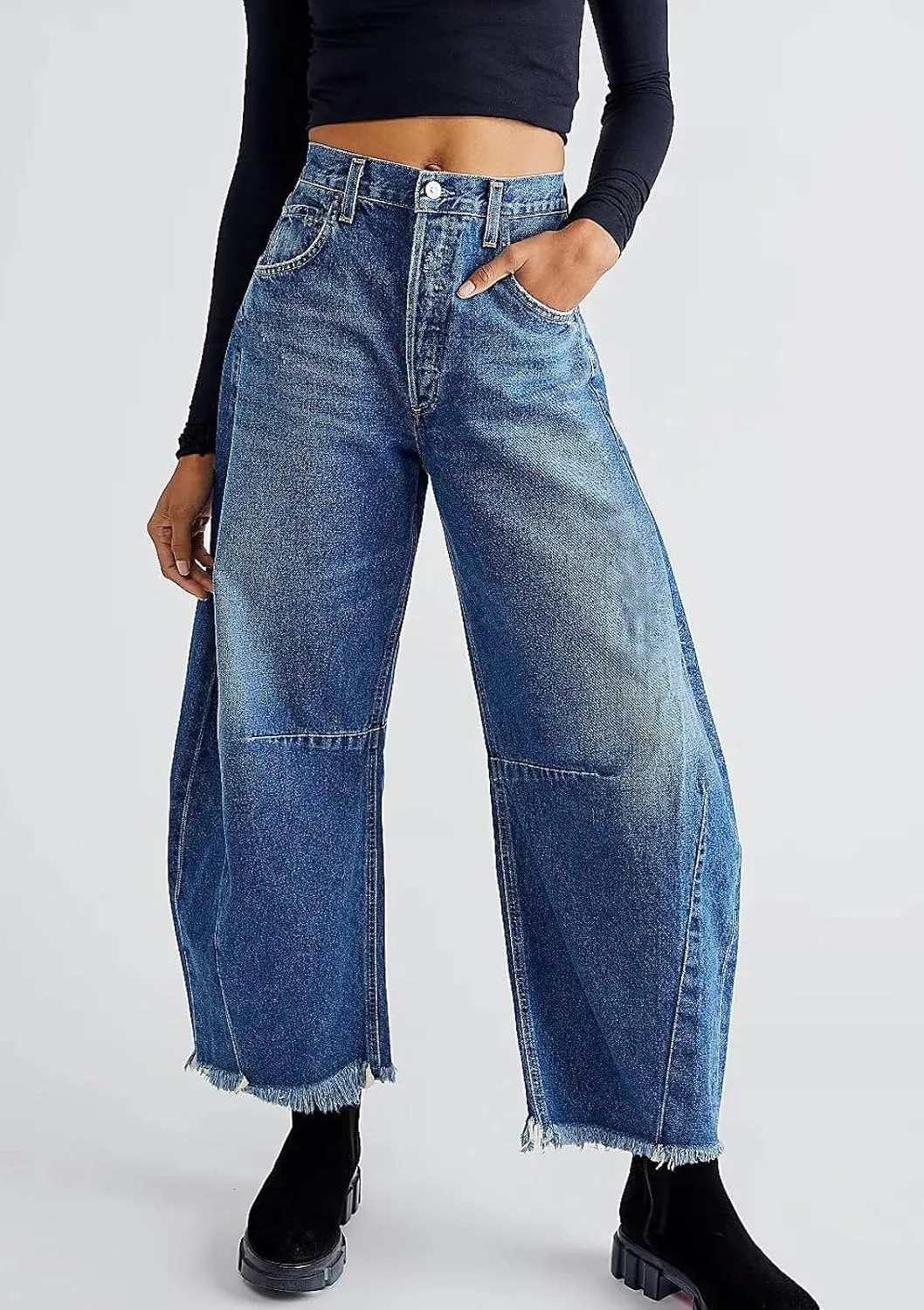 loveimgs Women Loose Distressed Baggy Barrel Jeans High Rise Denim Pants Y2k Frayed Boyfriend Wide Leg Jeans Pocket