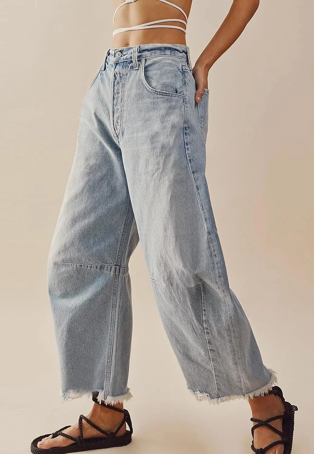 loveimgs Women Loose Distressed Baggy Barrel Jeans High Rise Denim Pants Y2k Frayed Boyfriend Wide Leg Jeans Pocket