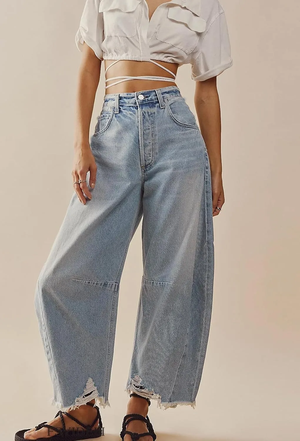 loveimgs Women Loose Distressed Baggy Barrel Jeans High Rise Denim Pants Y2k Frayed Boyfriend Wide Leg Jeans Pocket