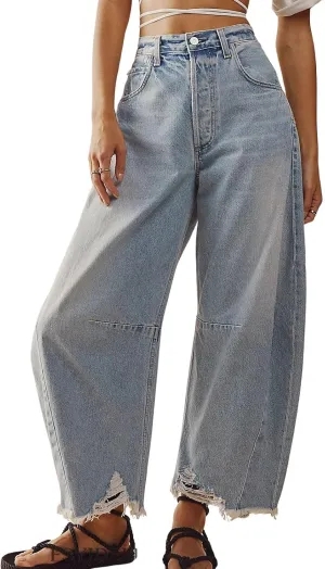 loveimgs Women Loose Distressed Baggy Barrel Jeans High Rise Denim Pants Y2k Frayed Boyfriend Wide Leg Jeans Pocket
