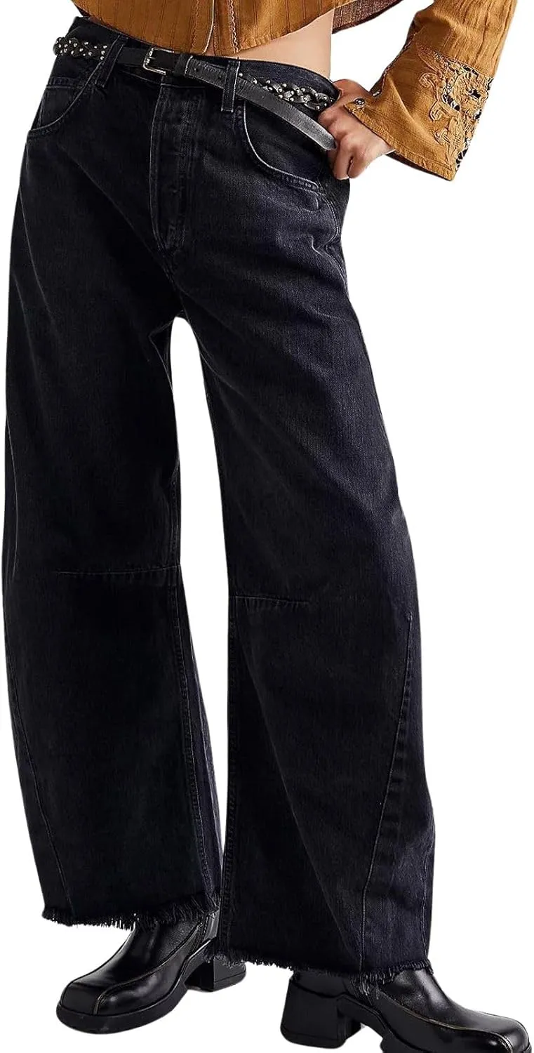 loveimgs Women Loose Distressed Baggy Barrel Jeans High Rise Denim Pants Y2k Frayed Boyfriend Wide Leg Jeans Pocket
