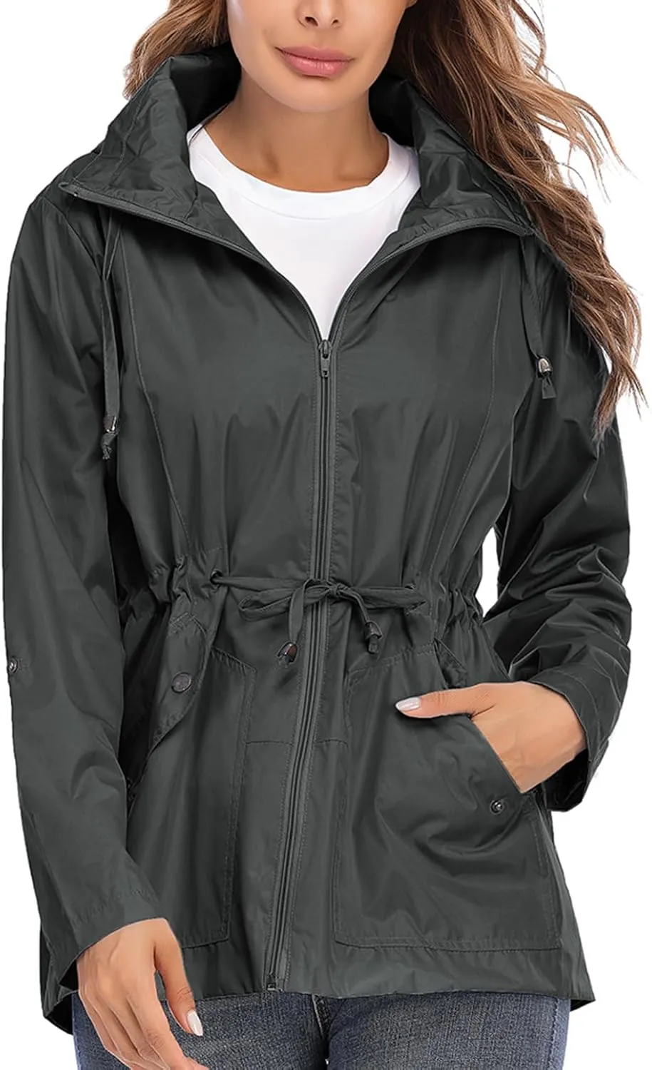 Lu's Chic Women's Rain Jackets Anorak Waterproof Casual Military Utility Outdoor Fall Hood