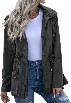 Lu's Chic Women's Rain Jackets Anorak Waterproof Casual Military Utility Outdoor Fall Hood