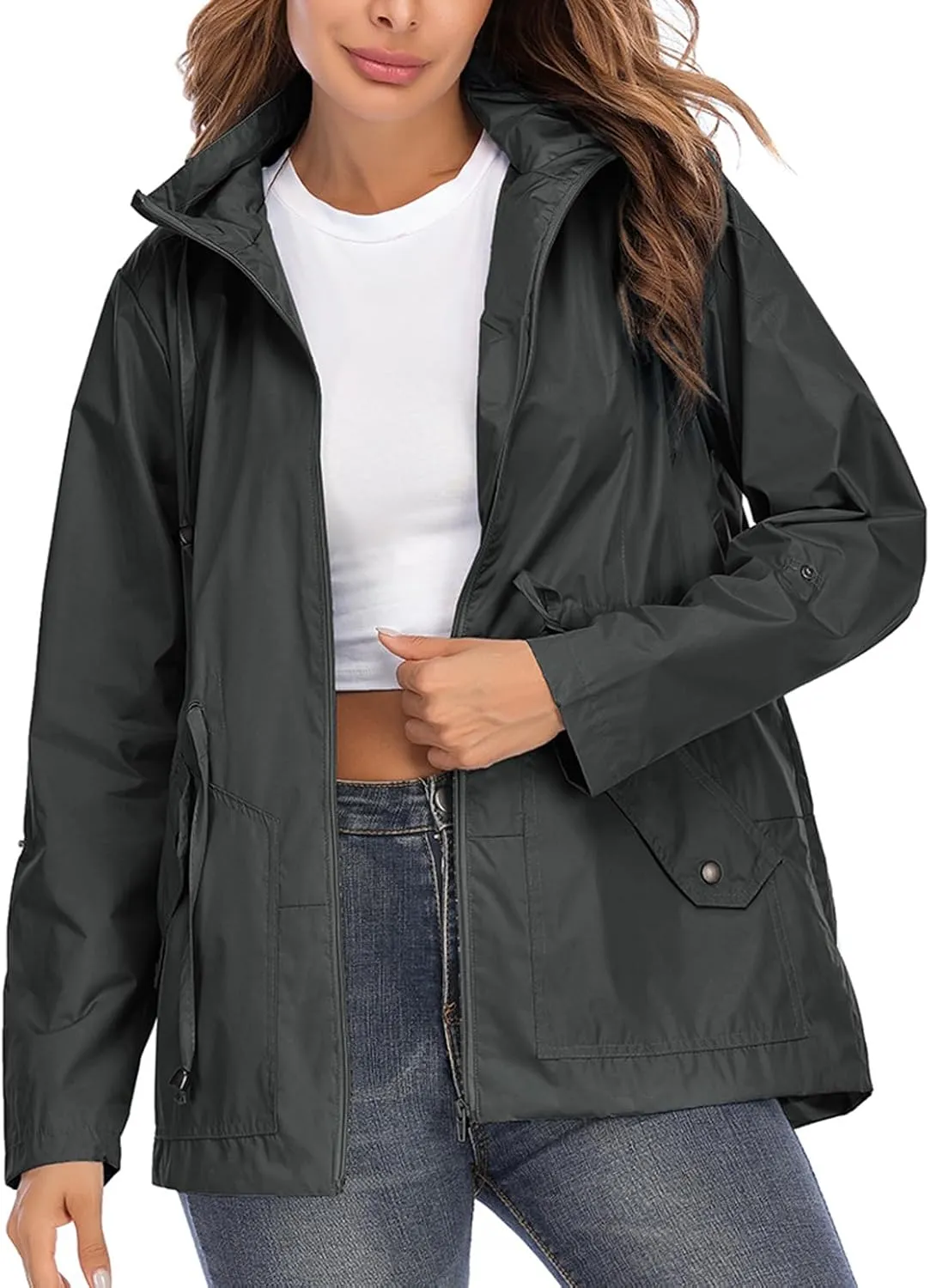 Lu's Chic Women's Rain Jackets Anorak Waterproof Casual Military Utility Outdoor Fall Hood