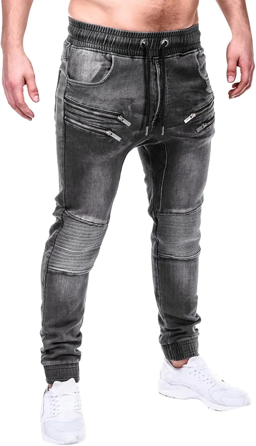 Men Jeans Pocket Drawstring Waist Solid Color Slim Toe Jeans Jeans Mens Relaxed Jeans Men Mens Fitted