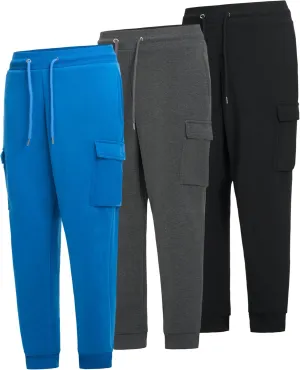 Men's 3-Pack Fleece Athletic Workout Jogger Sweatpants with Cargo Pockets and Drawstring Size S-3XL
