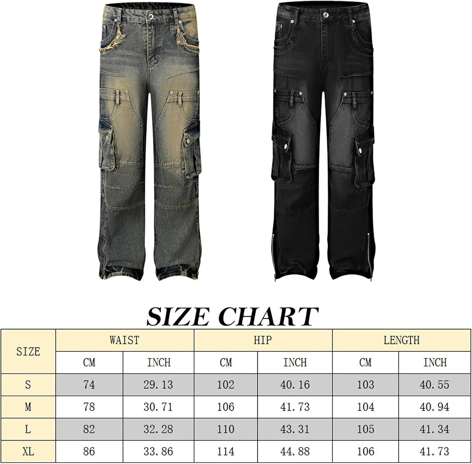 Mens Baggy Cargo Jeans Steampunk Patchwork Pants Goth Distressed Jeans Zippered Hem Wide Leg Skater Denim Pants