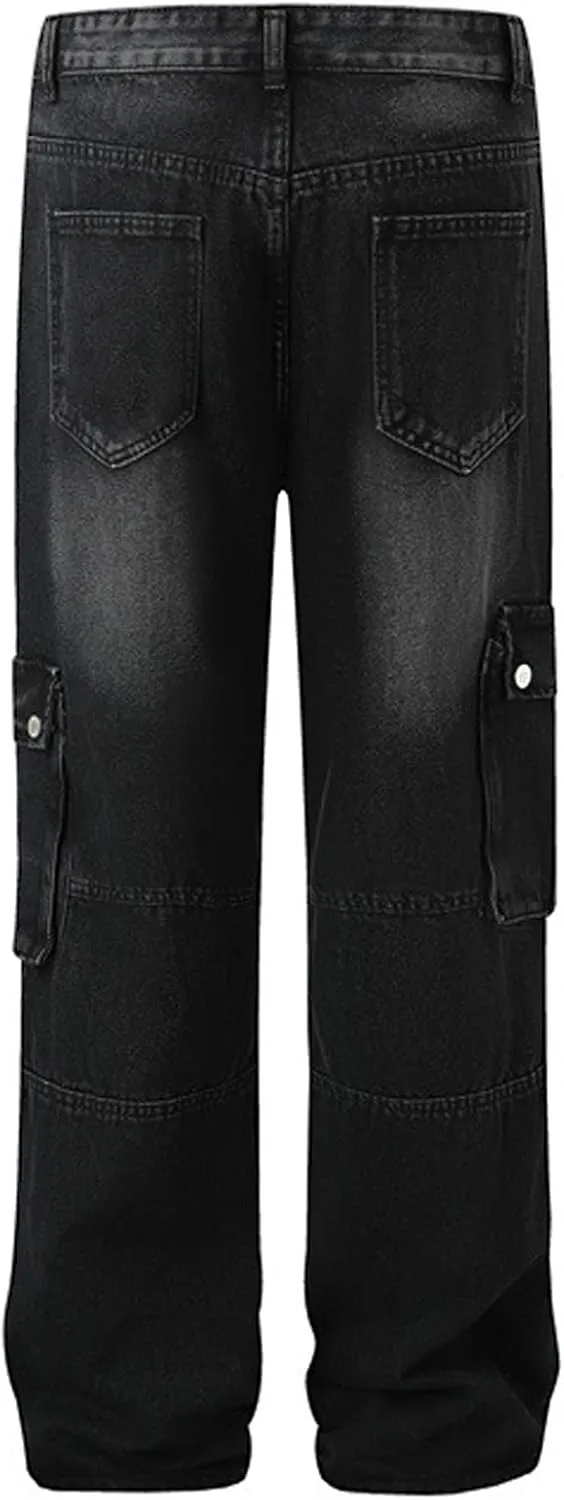 Mens Baggy Cargo Jeans Steampunk Patchwork Pants Goth Distressed Jeans Zippered Hem Wide Leg Skater Denim Pants