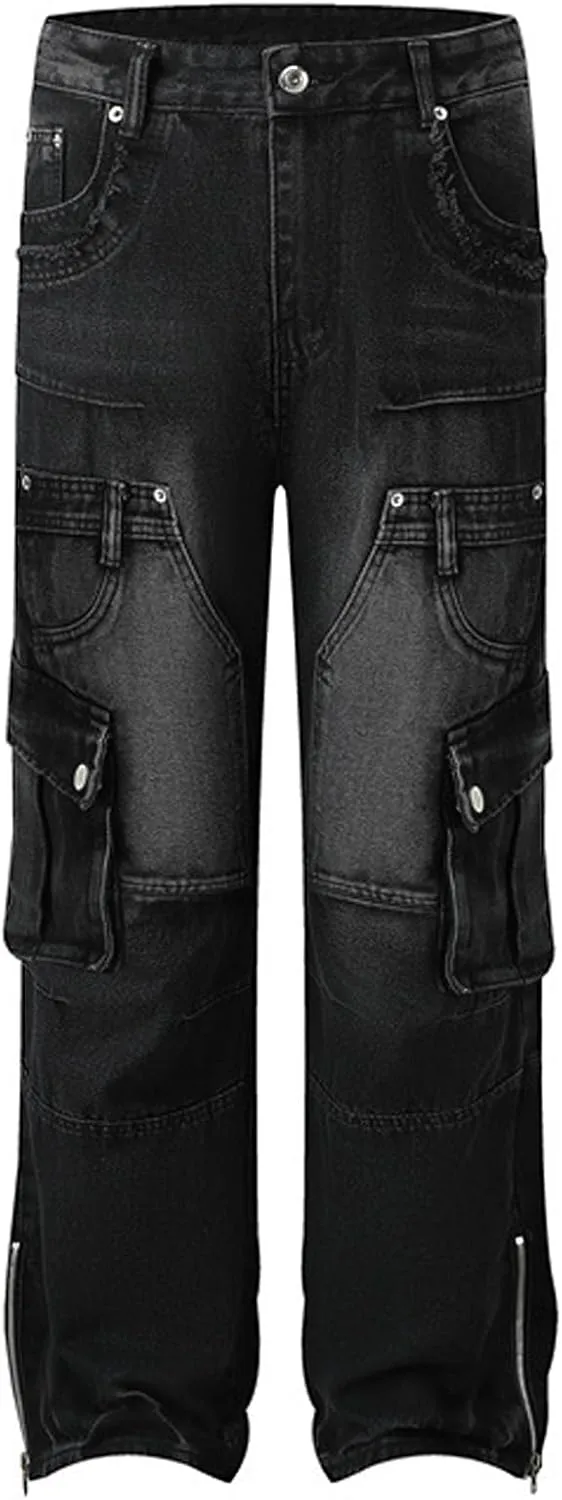 Mens Baggy Cargo Jeans Steampunk Patchwork Pants Goth Distressed Jeans Zippered Hem Wide Leg Skater Denim Pants