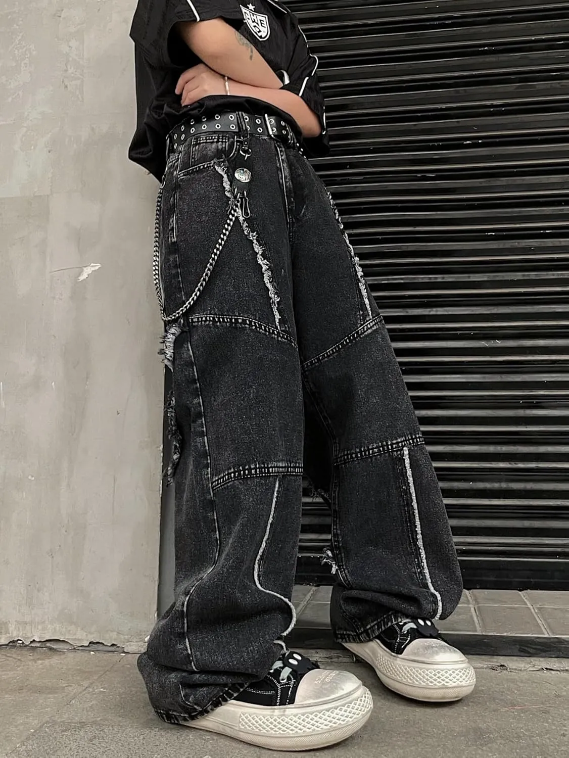 Mens Baggy Jeans Patchwork Y2k Hip Hop Wide Leg Denim Pants Casual Loose Fit Trousers Streetwear