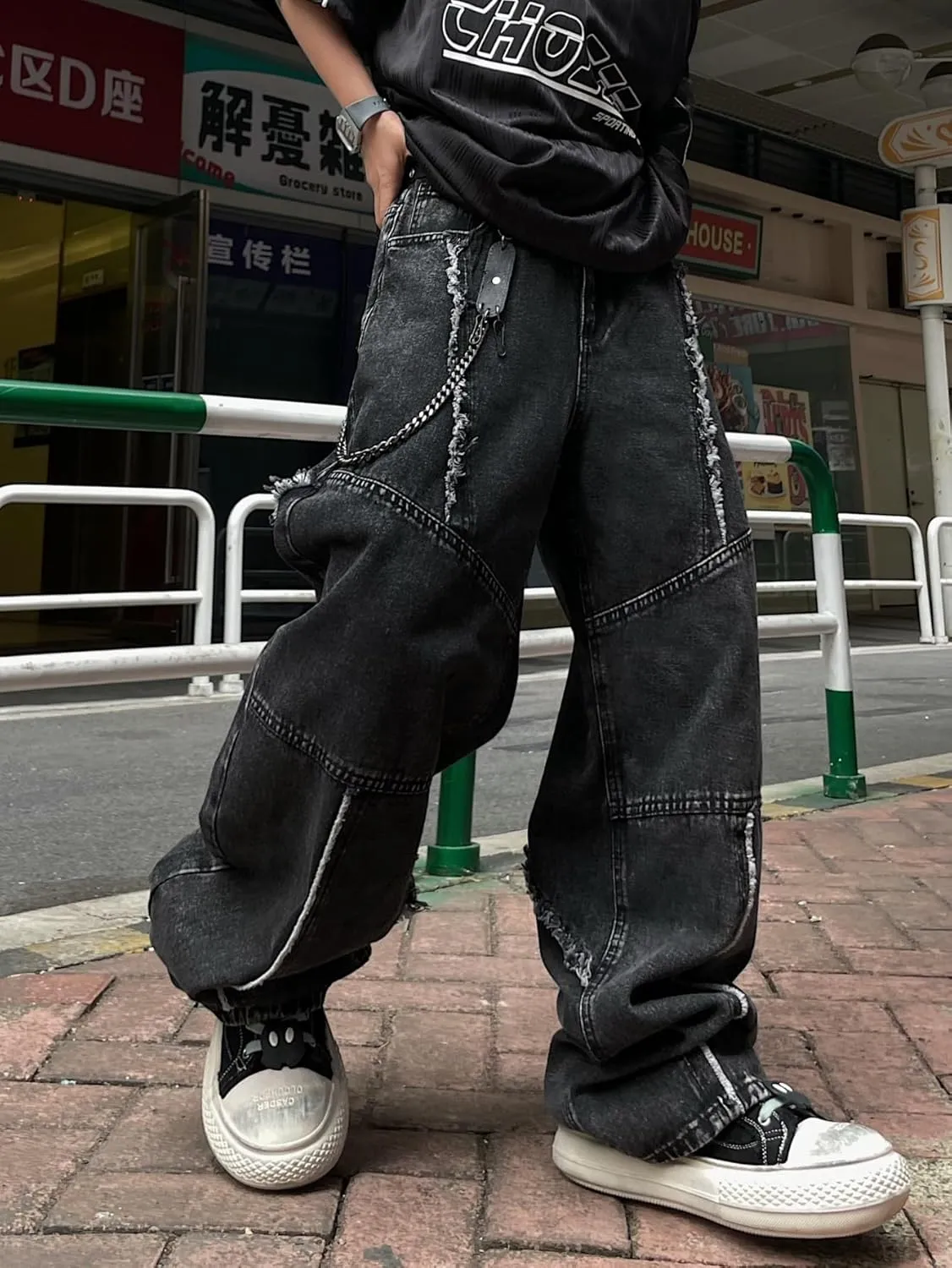 Mens Baggy Jeans Patchwork Y2k Hip Hop Wide Leg Denim Pants Casual Loose Fit Trousers Streetwear