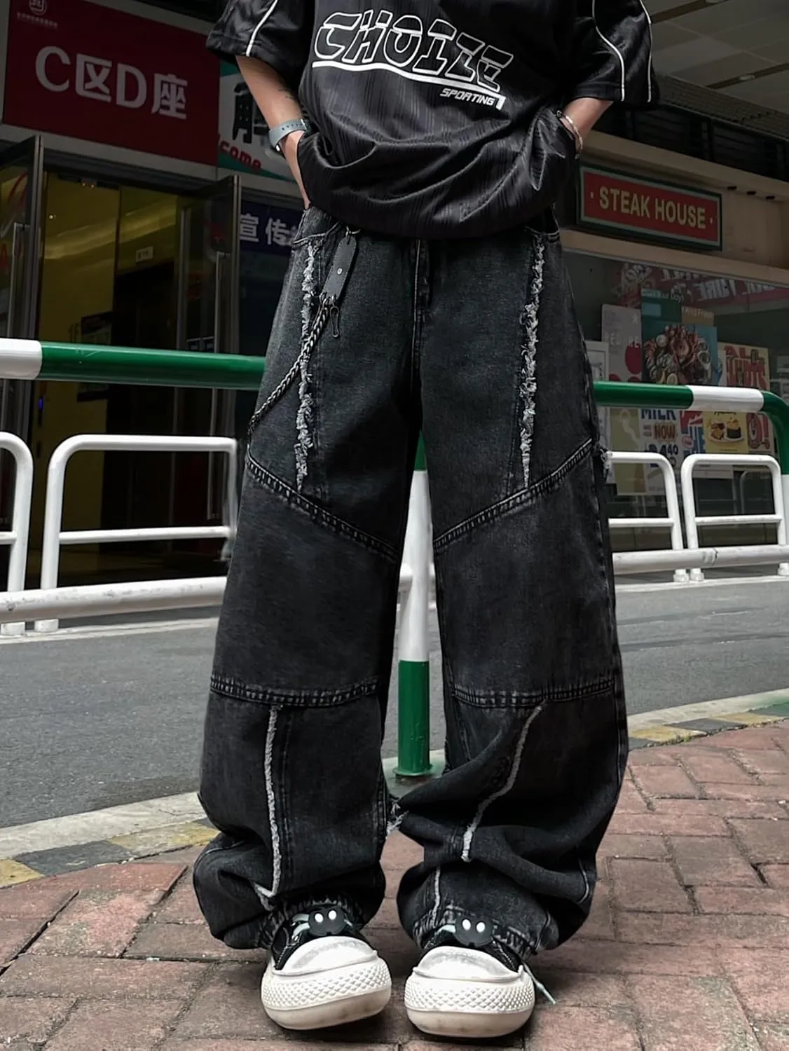 Mens Baggy Jeans Patchwork Y2k Hip Hop Wide Leg Denim Pants Casual Loose Fit Trousers Streetwear
