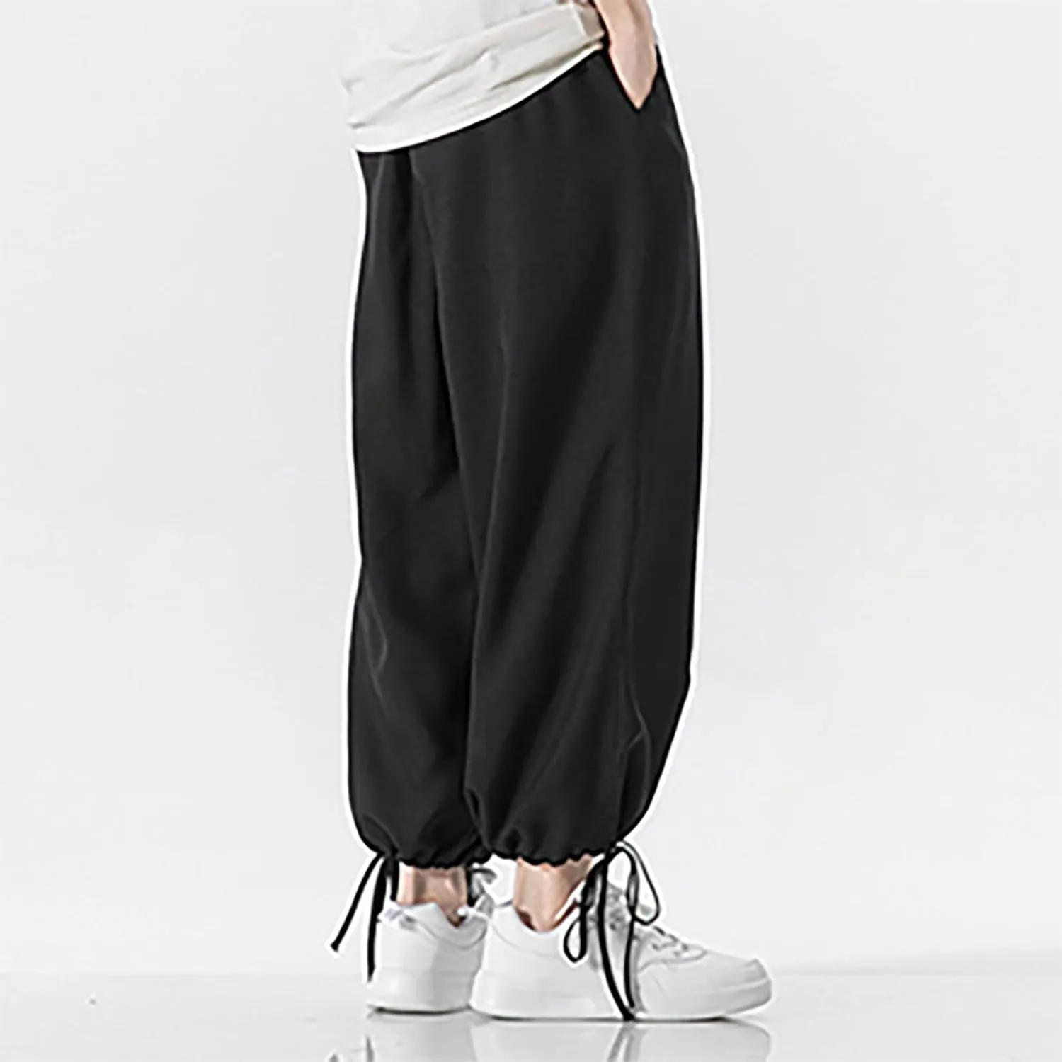 Men's Casual Linen Pants Elastic Waist Drawstring Summer Straight Solid Beach Pants Lightweight Drawstring Trousers