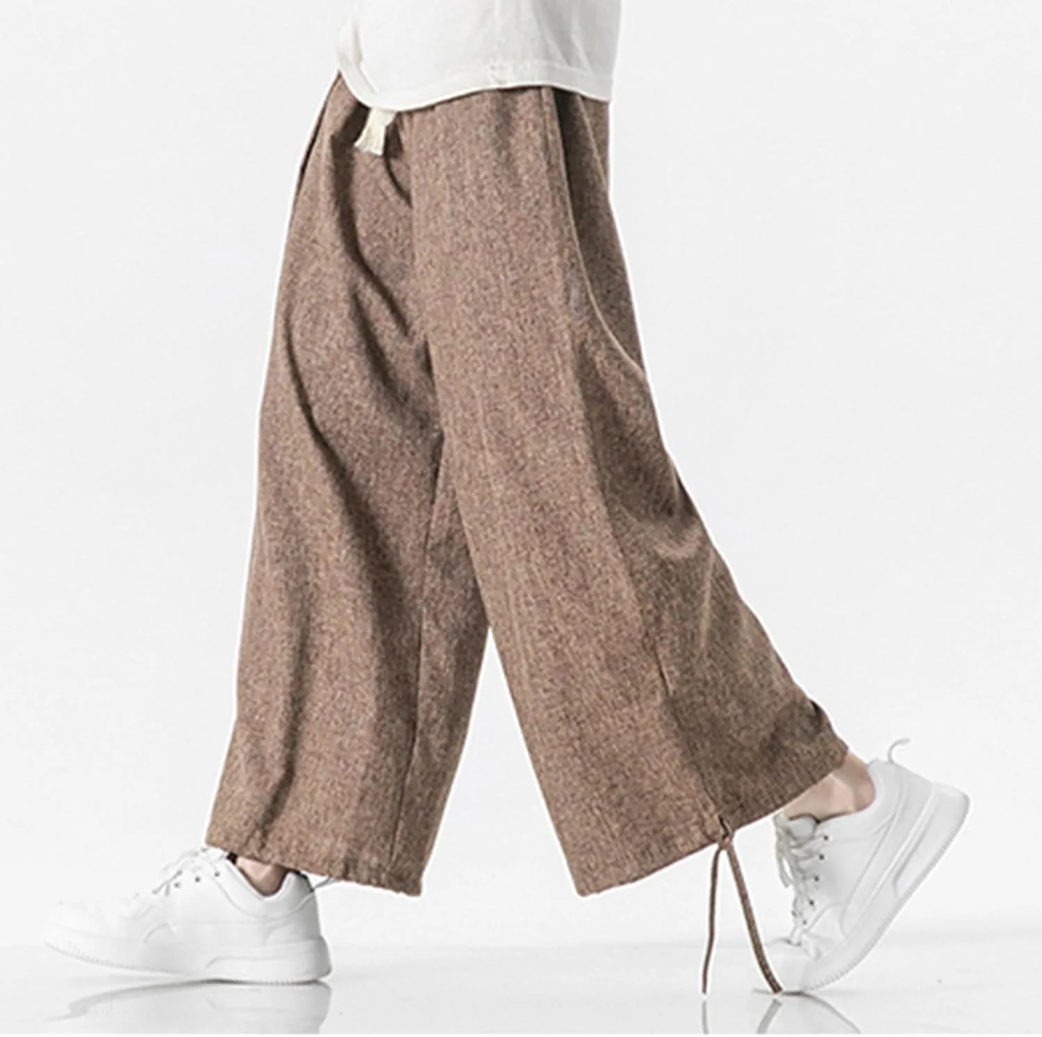 Men's Casual Linen Pants Elastic Waist Drawstring Summer Straight Solid Beach Pants Lightweight Drawstring Trousers