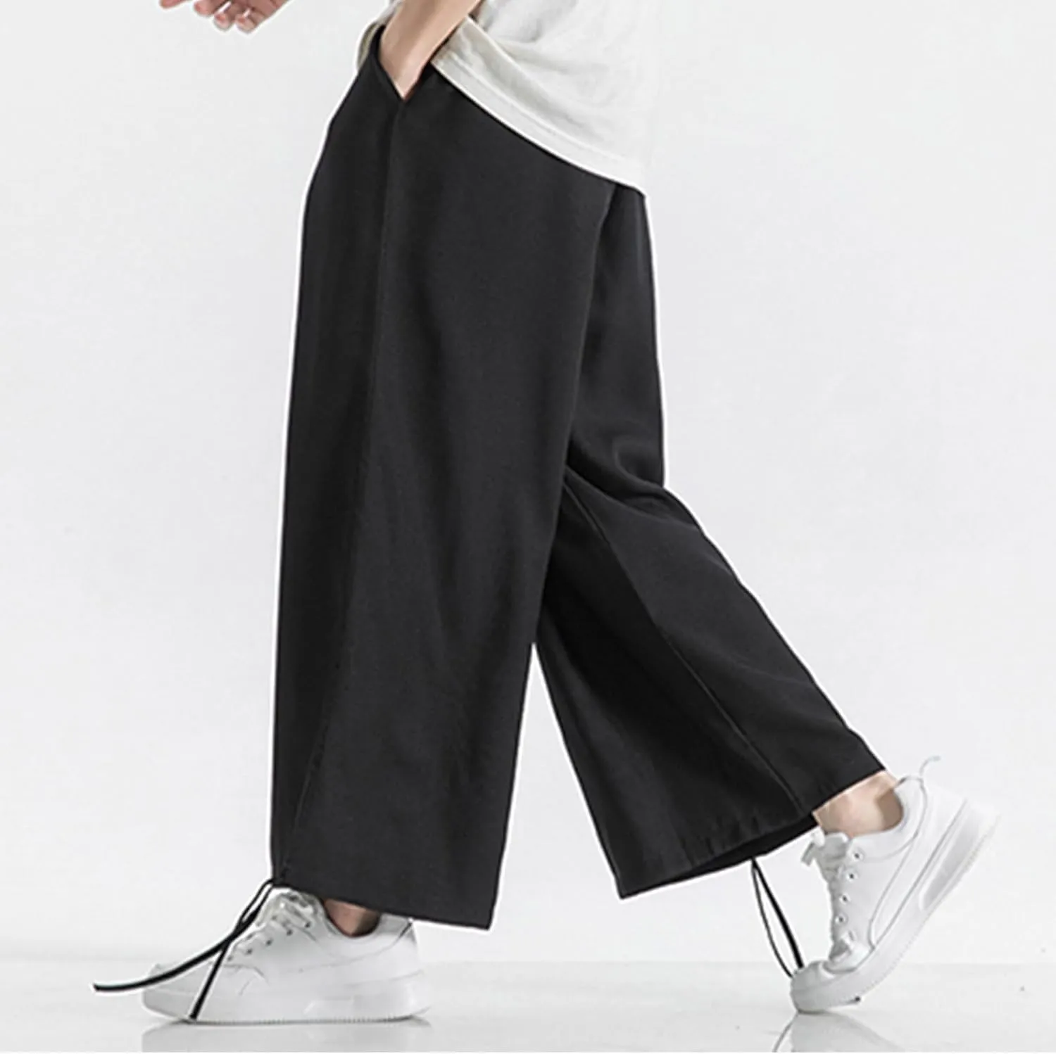Men's Casual Linen Pants Elastic Waist Drawstring Summer Straight Solid Beach Pants Lightweight Drawstring Trousers