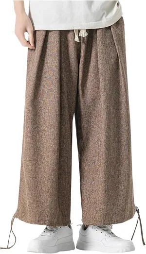 Men's Casual Linen Pants Elastic Waist Drawstring Summer Straight Solid Beach Pants Lightweight Drawstring Trousers
