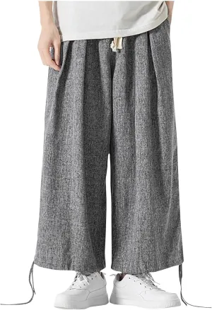 Men's Casual Linen Pants Elastic Waist Drawstring Summer Straight Solid Beach Pants Lightweight Drawstring Trousers