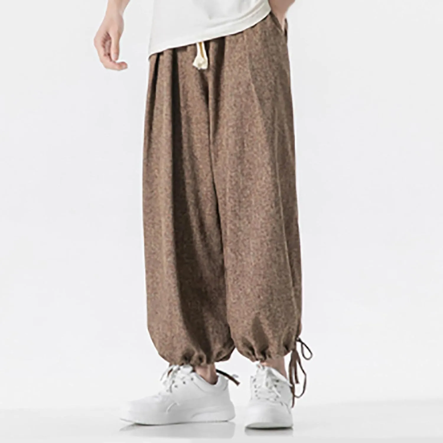 Men's Casual Linen Pants Elastic Waist Drawstring Summer Straight Solid Beach Pants Lightweight Drawstring Trousers