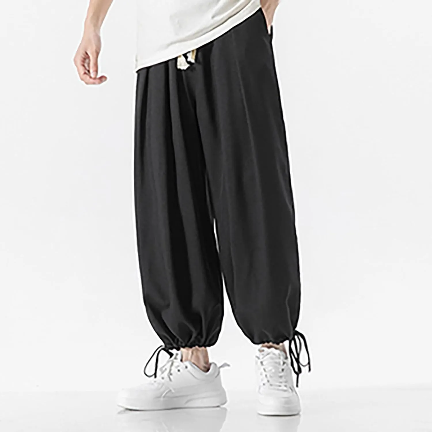 Men's Casual Linen Pants Elastic Waist Drawstring Summer Straight Solid Beach Pants Lightweight Drawstring Trousers