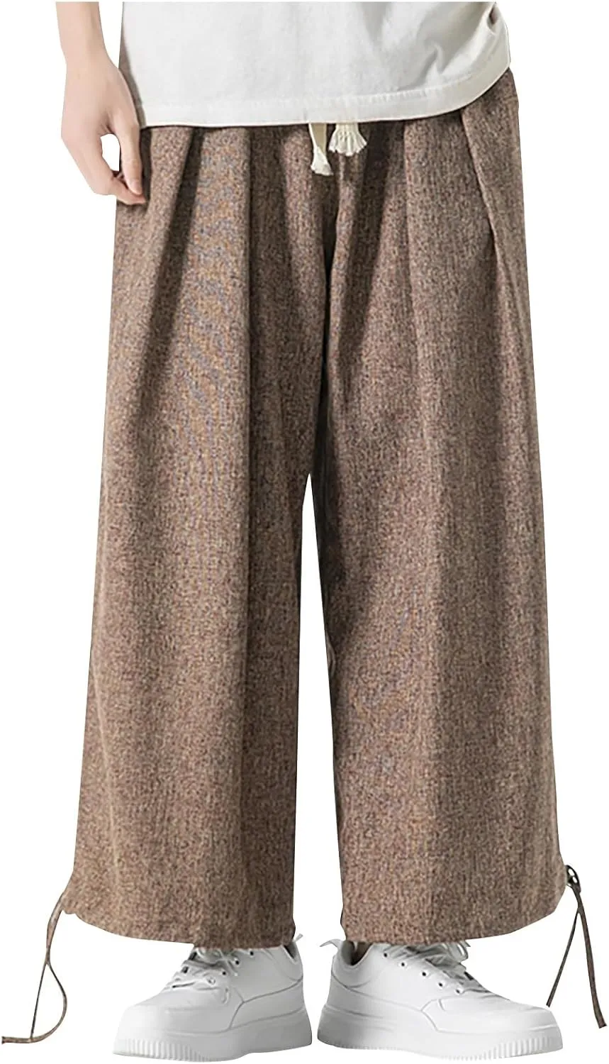 Men's Casual Linen Pants Elastic Waist Drawstring Summer Straight Solid Beach Pants Lightweight Drawstring Trousers