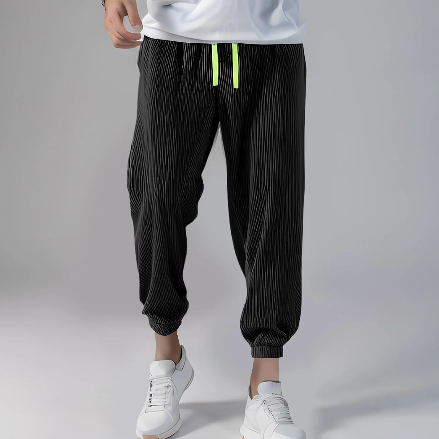 Mens Casual Pants Lightweight Drawstring Trousers Drawstring Elastic Waist Cropped Pants Casual Solid Color Stripe Pant