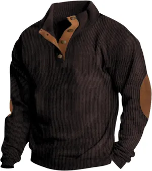 Men's Corduroy Sweatshirts Long Sleeve Henry Collar 1/4 Button Casual Outdoor Pullover