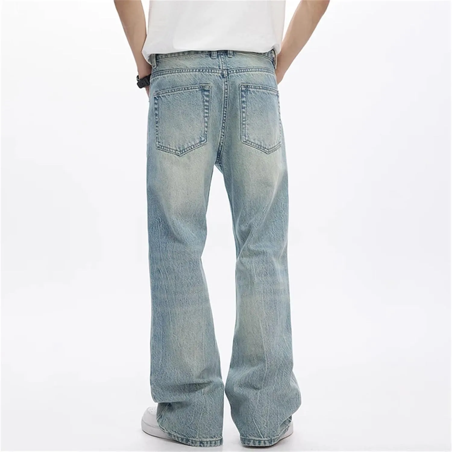 Men's Cotton High Waist Fabric Washed Vintage Jeans Casual Baggy Fit Wide Leg Jeans with Pockets
