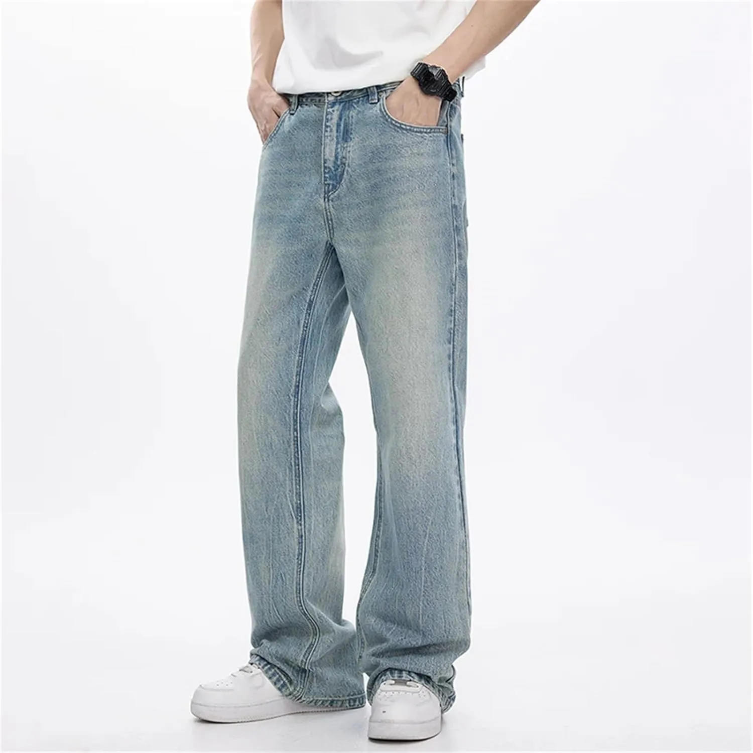 Men's Cotton High Waist Fabric Washed Vintage Jeans Casual Baggy Fit Wide Leg Jeans with Pockets