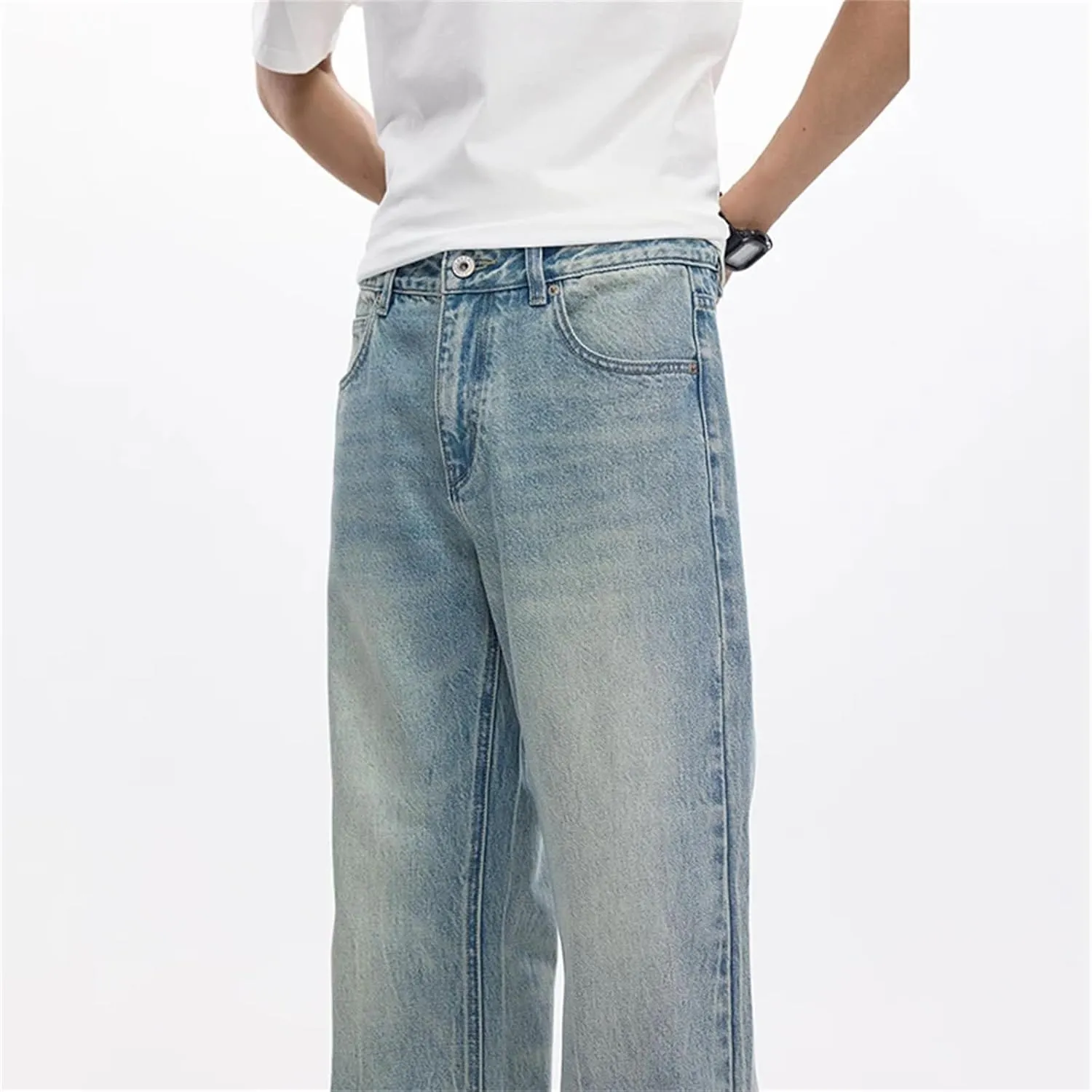 Men's Cotton High Waist Fabric Washed Vintage Jeans Casual Baggy Fit Wide Leg Jeans with Pockets
