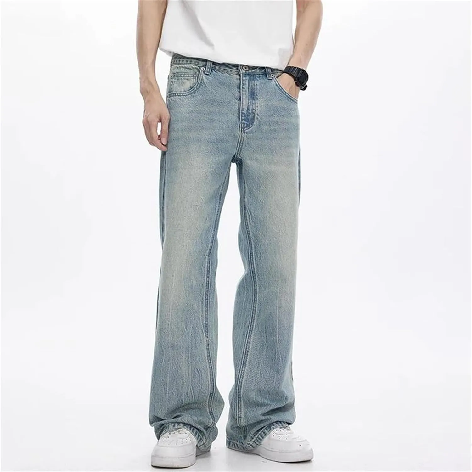 Men's Cotton High Waist Fabric Washed Vintage Jeans Casual Baggy Fit Wide Leg Jeans with Pockets