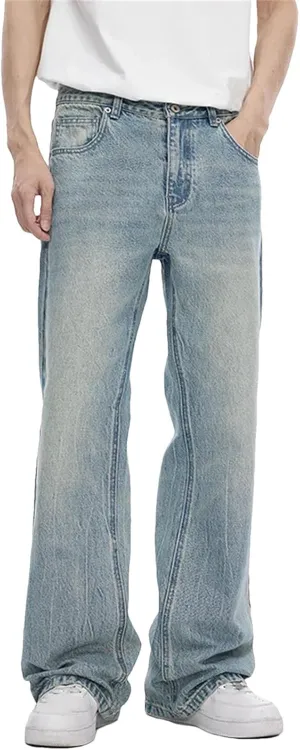 Men's Cotton High Waist Fabric Washed Vintage Jeans Casual Baggy Fit Wide Leg Jeans with Pockets