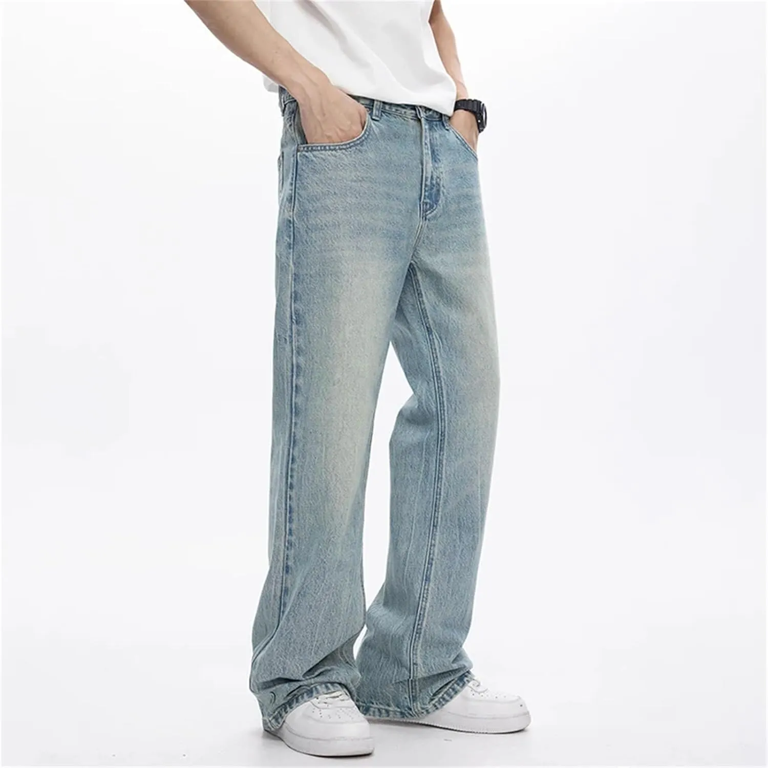Men's Cotton High Waist Fabric Washed Vintage Jeans Casual Baggy Fit Wide Leg Jeans with Pockets