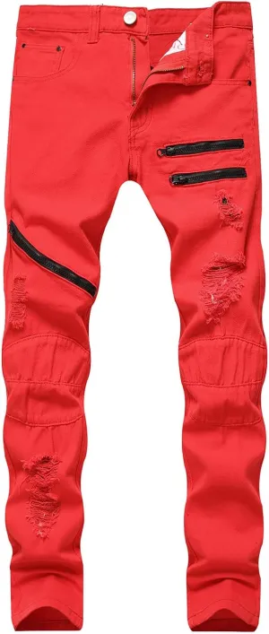 Men's Distressed Stretch Ripped Jeans Vintage Zipper Holes Hip Denim Pants Straight Skinny Fit Jeans