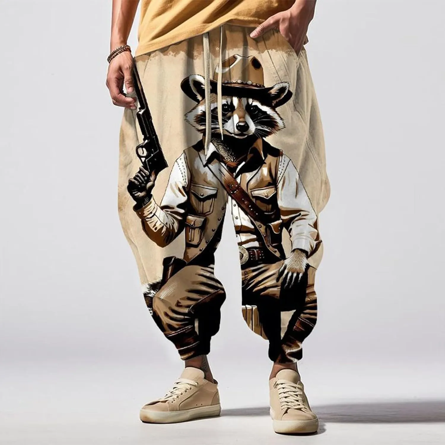 Men's Drawstring Hippie Harem Pants Men's Autumn Fun Print Fashion Street Feel Casual Cotton Drawstring Cargo Pants