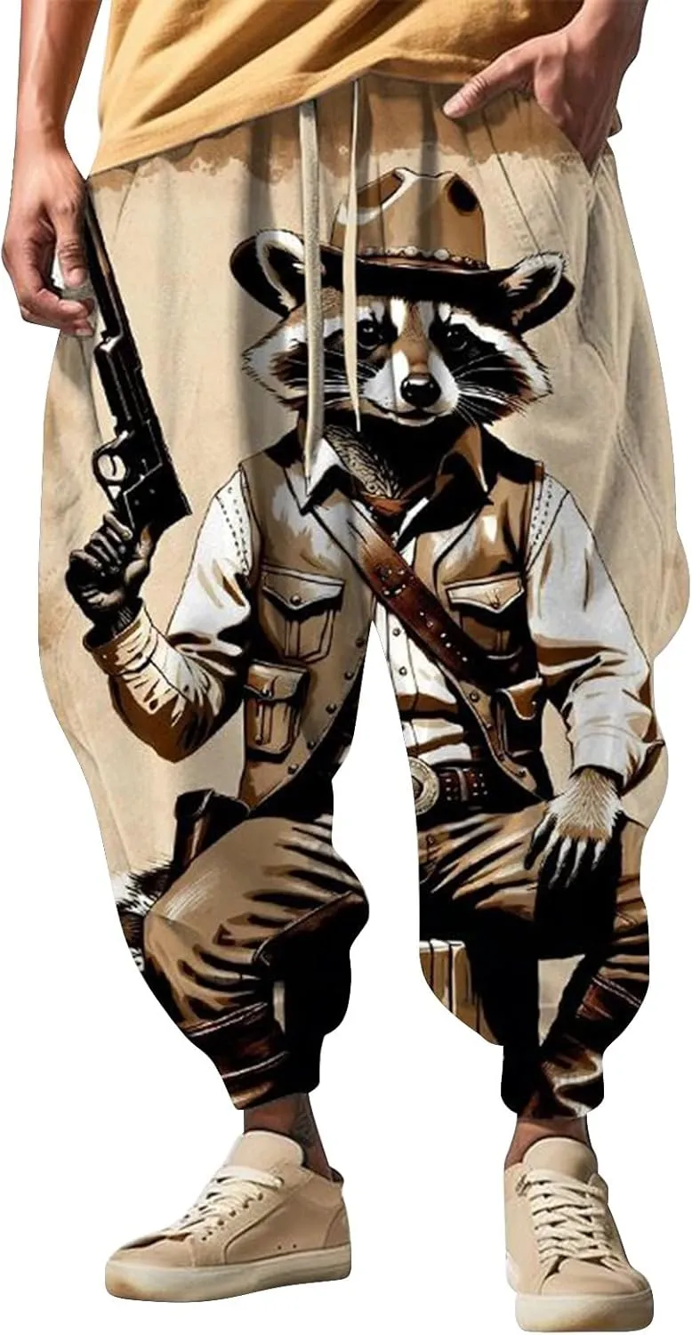Men's Drawstring Hippie Harem Pants Men's Autumn Fun Print Fashion Street Feel Casual Cotton Drawstring Cargo Pants
