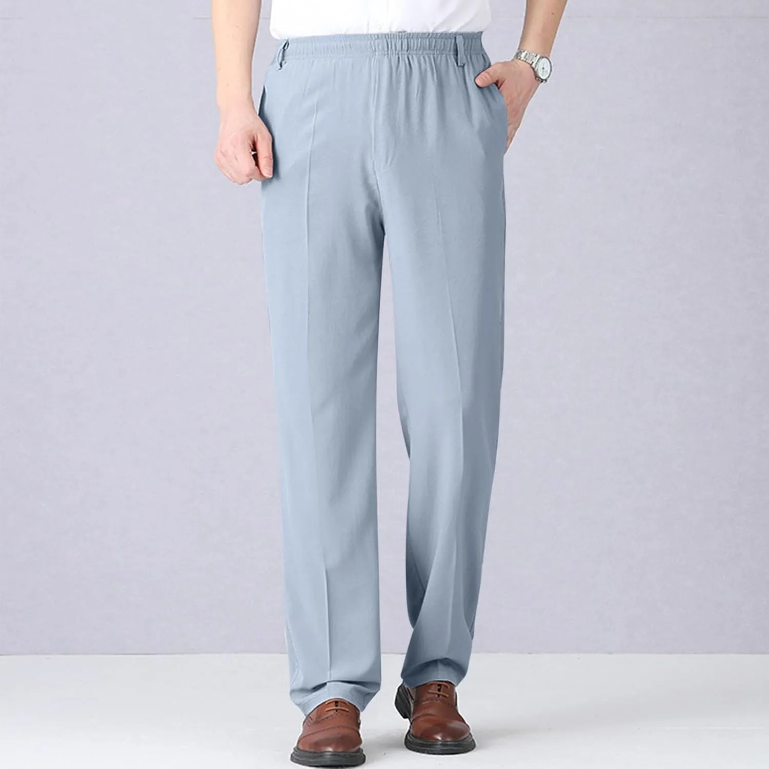 Mens Dress Pants Straight Leg Suit Pants Classic Flat Front Work Pants Casual Business Non-lron Pants Elastic Waist