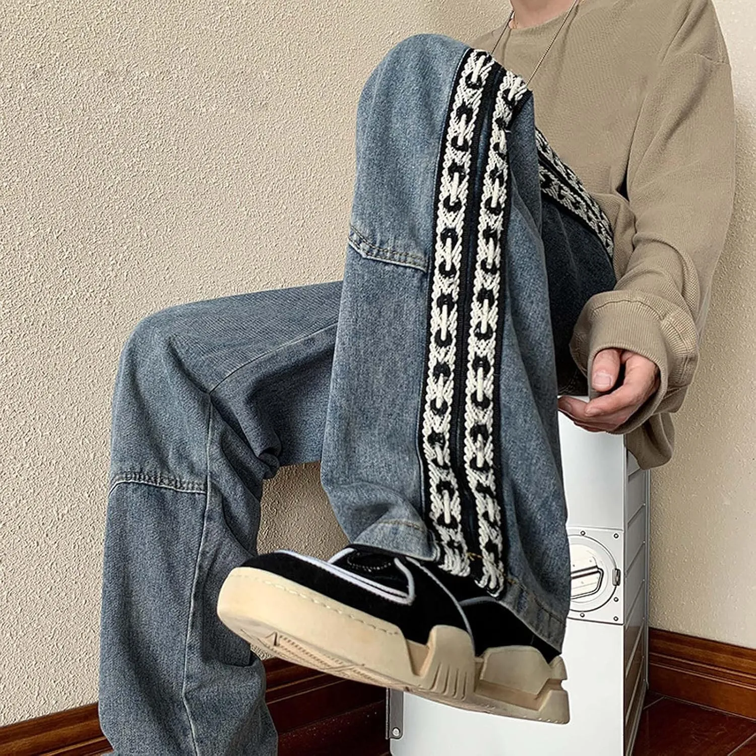 Mens Jeans Relaxed Fit Distressed Straight Leg Big and Tall Mens Casual Baggy Jeans Patchwork Pants Trousers