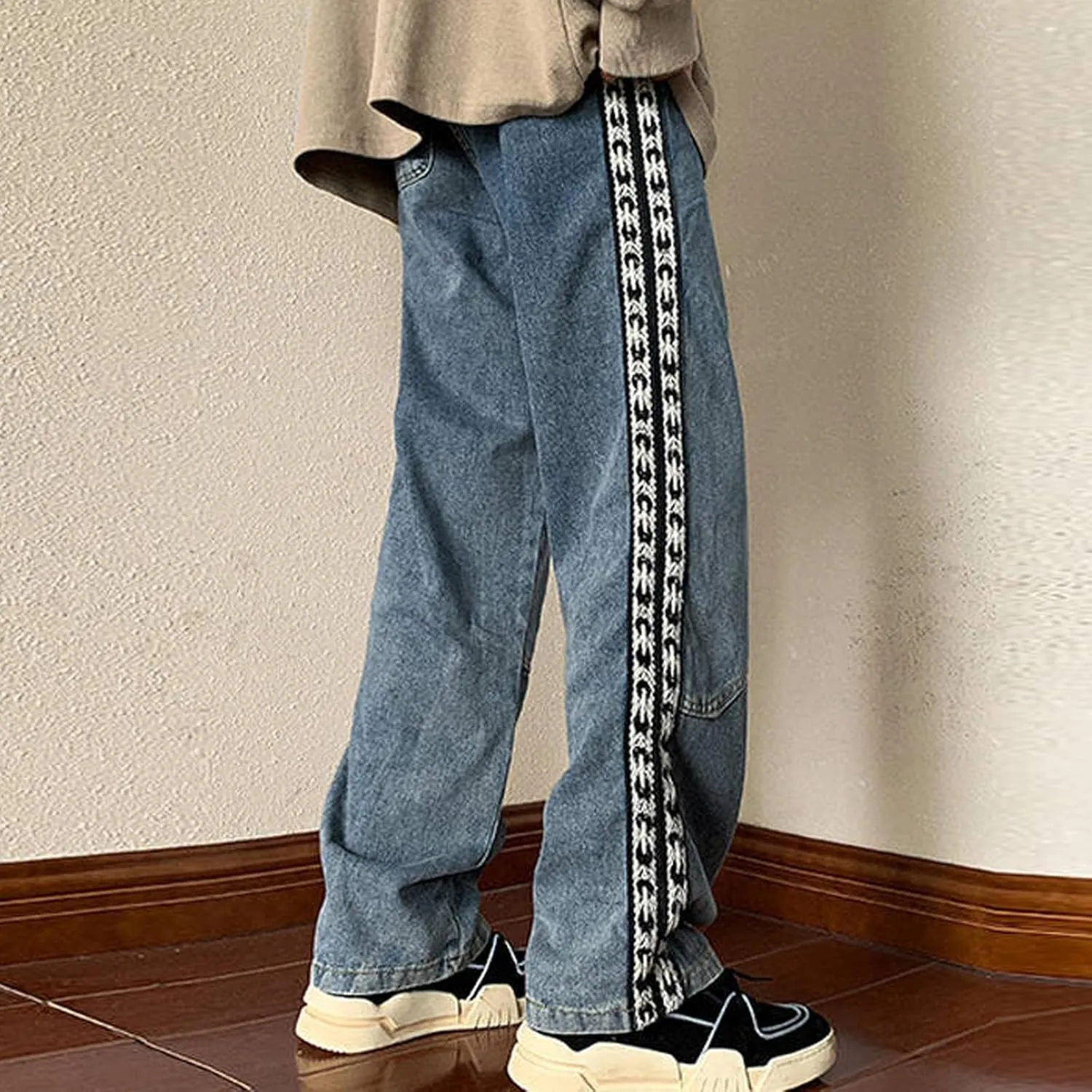 Mens Jeans Relaxed Fit Distressed Straight Leg Big and Tall Mens Casual Baggy Jeans Patchwork Pants Trousers