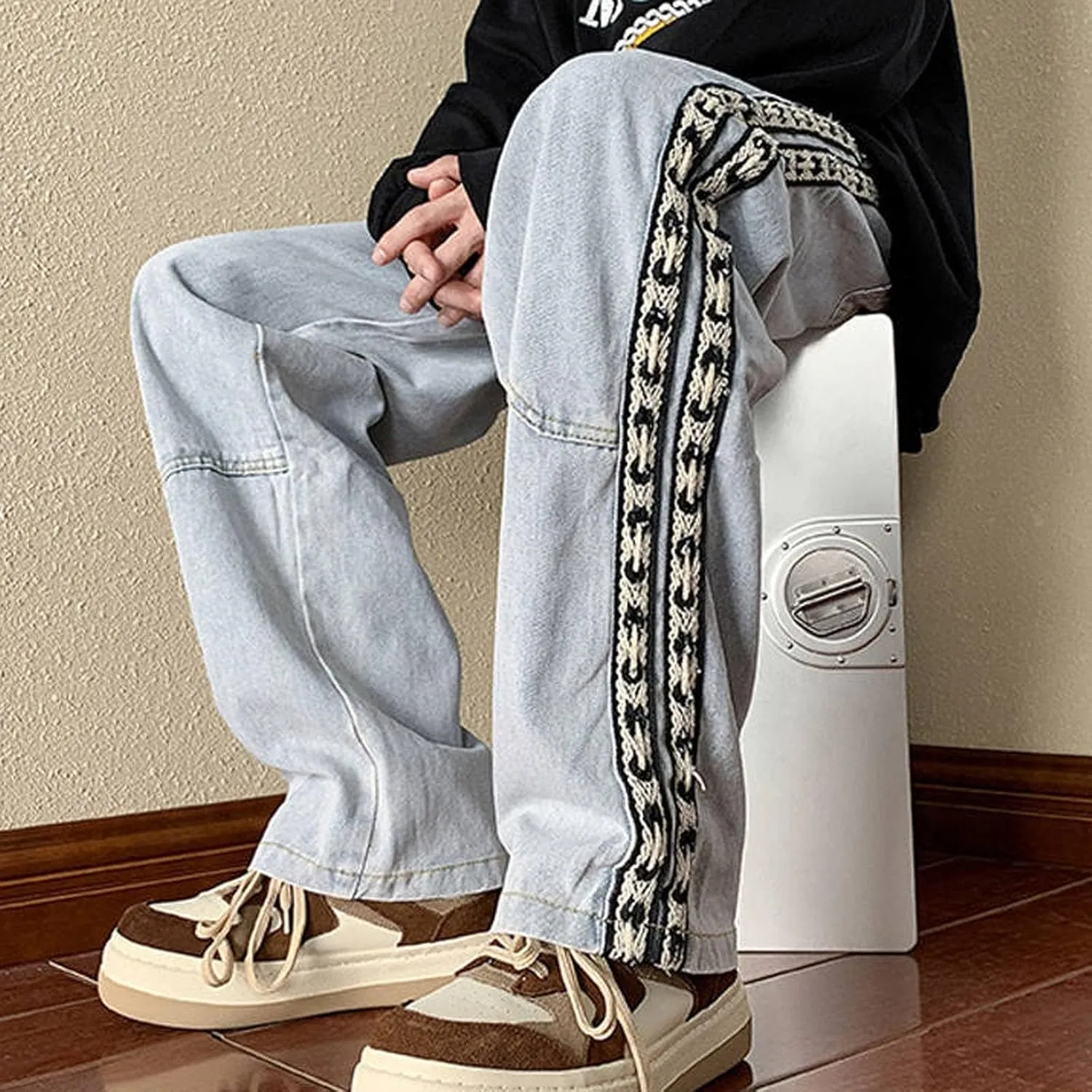 Mens Jeans Relaxed Fit Distressed Straight Leg Big and Tall Mens Casual Baggy Jeans Patchwork Pants Trousers