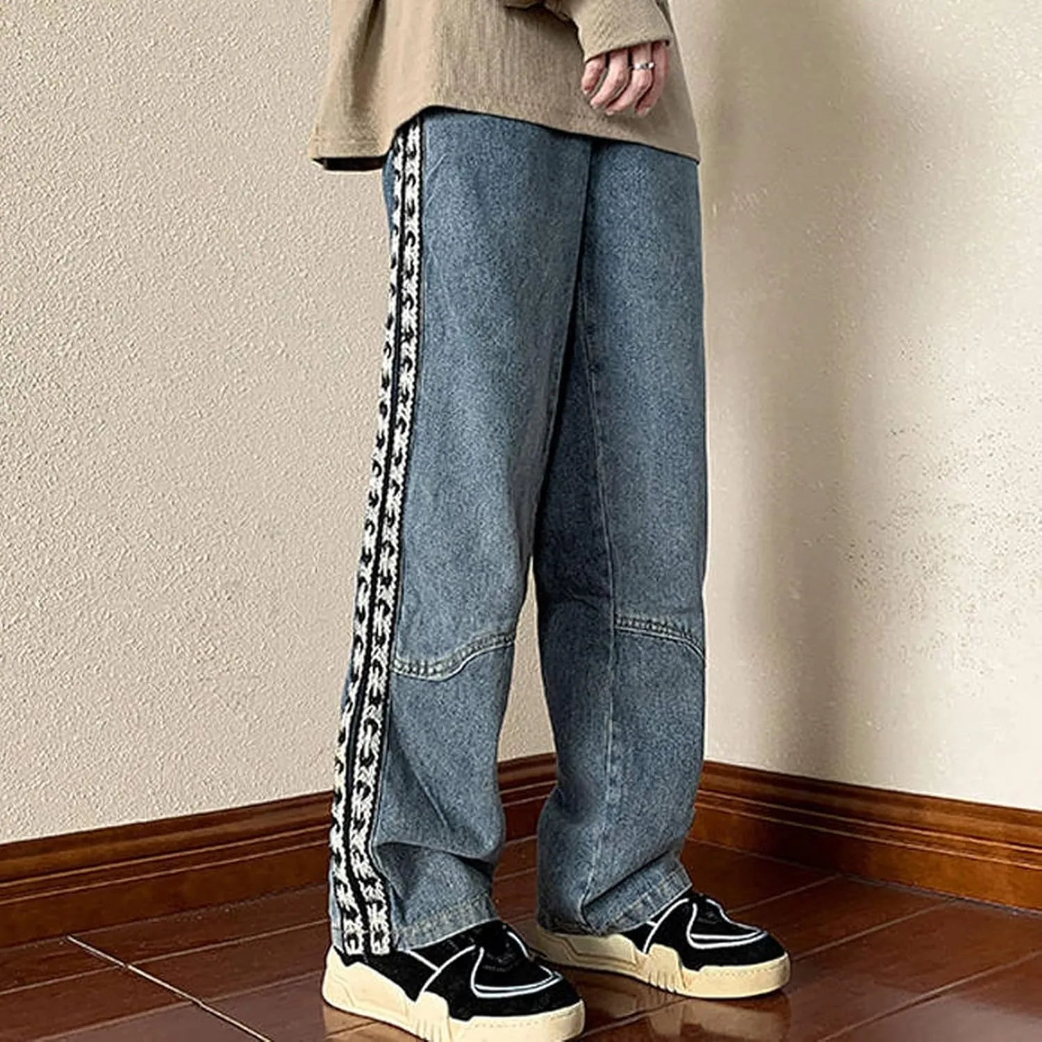 Mens Jeans Relaxed Fit Distressed Straight Leg Big and Tall Mens Casual Baggy Jeans Patchwork Pants Trousers