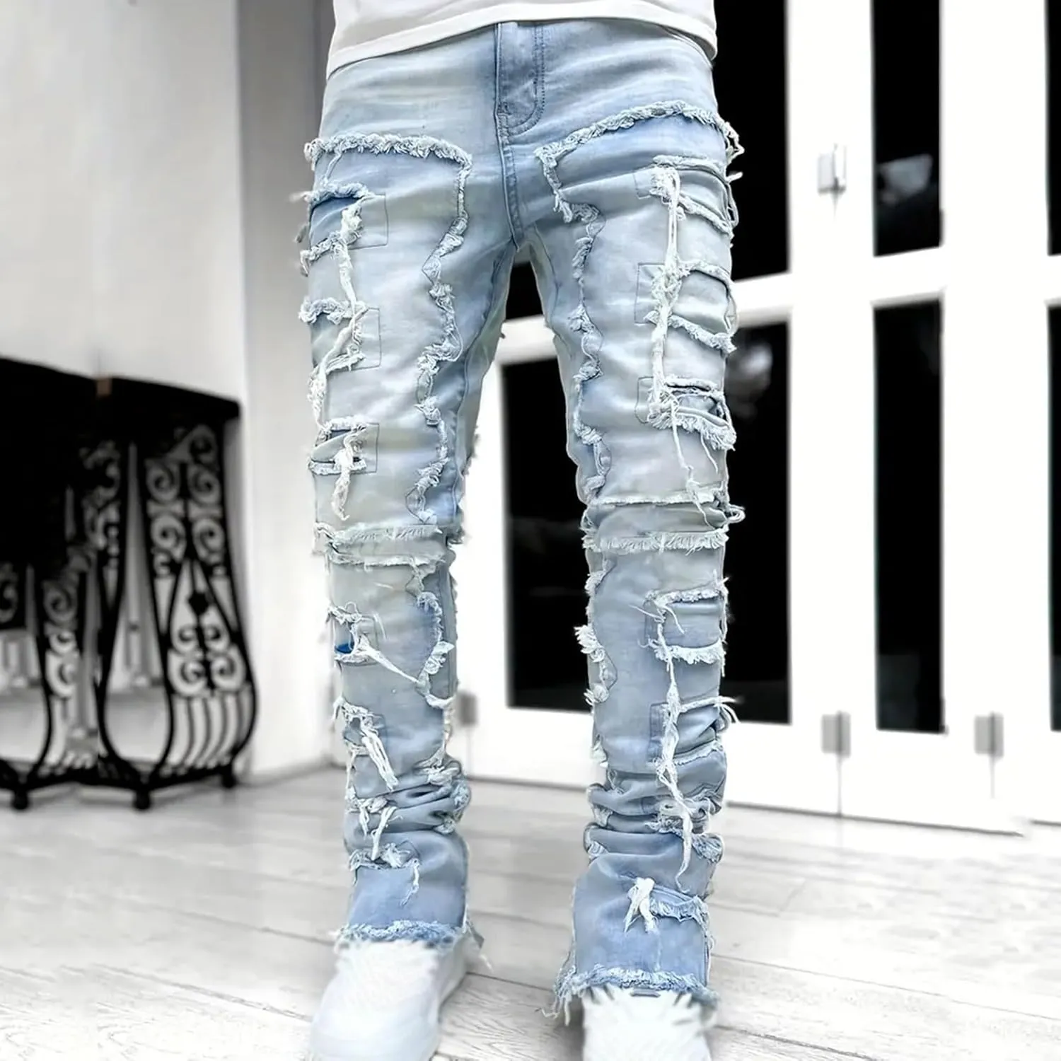 Mens Jeans Relaxed Fit Stretch Men's Slim Fit Stretch Jeans Distressed Patchwork Stacked Frayed Straight Leg Skinny