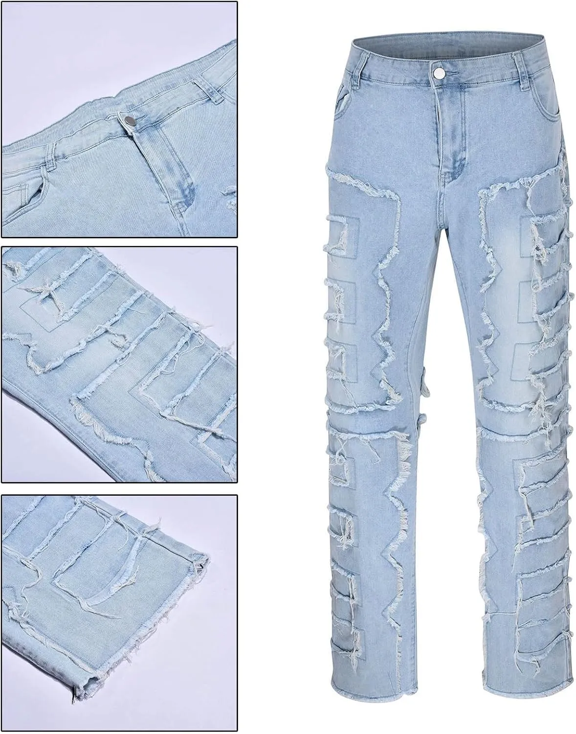 Mens Jeans Relaxed Fit Stretch Men's Slim Fit Stretch Jeans Distressed Patchwork Stacked Frayed Straight Leg Skinny