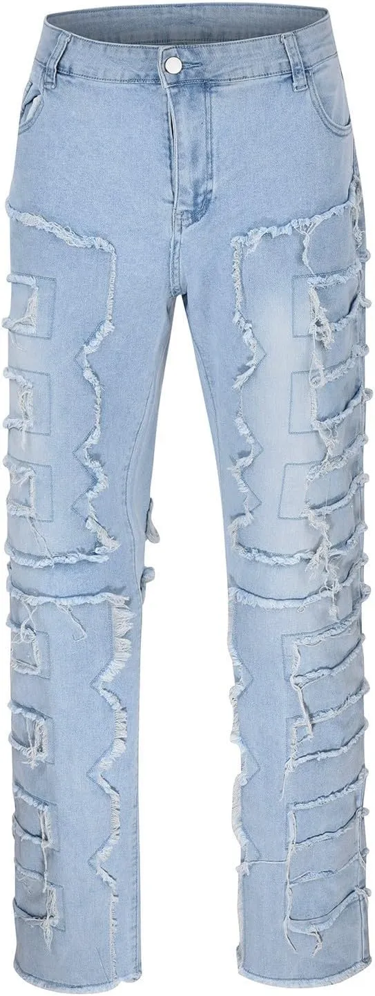 Mens Jeans Relaxed Fit Stretch Men's Slim Fit Stretch Jeans Distressed Patchwork Stacked Frayed Straight Leg Skinny