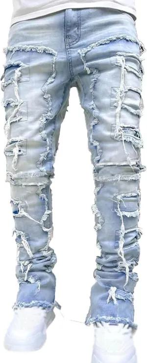 Mens Jeans Relaxed Fit Stretch Men's Slim Fit Stretch Jeans Distressed Patchwork Stacked Frayed Straight Leg Skinny