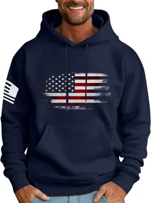 Men's Patriotic Hoodies USA Flag Print Hoodie Big and Tall Patriotic Graphic Long Sleeve Sweatshirt with Kangro Pocket